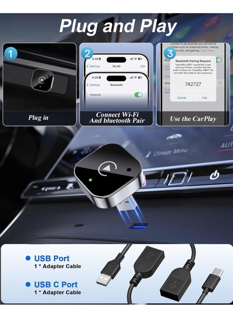 Mini Wireless CarPlay Adapter and Android Automatic Update by 2025, CarPlay Dongle 2-in-1 Converts Cables to Wireless, Wireless CarPlay Adapter Plug and Play USB/USB-C Port , Easy Use Fast Stable Connection (Black) - Image 5