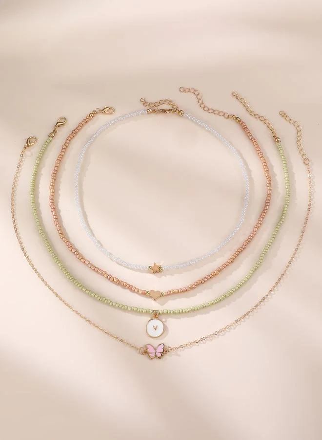 Pack of 4 - Girls Multi-Color Beaded Necklaces with Hearts and Butterfly Charms