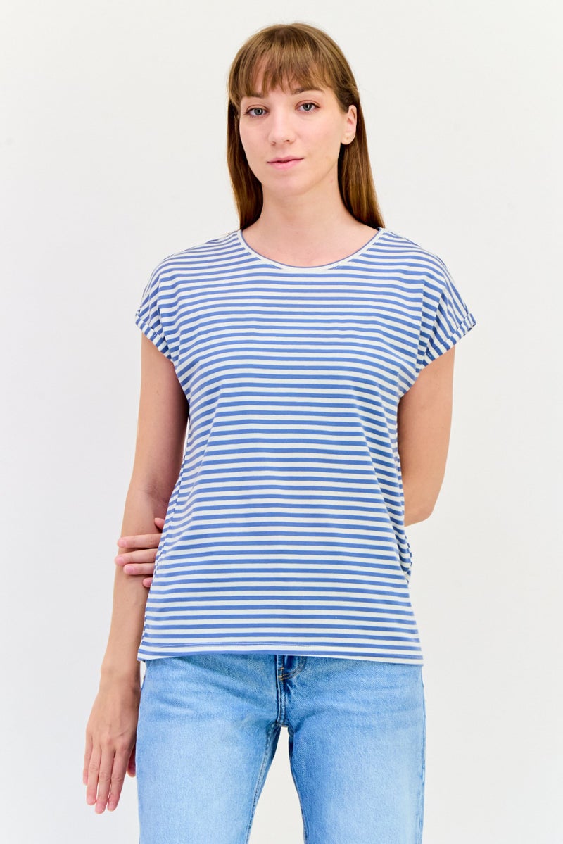 VERO MODA Women Round Neck Cap Sleeves Yarn Dye T-Shirt, Multicolor - Image 1