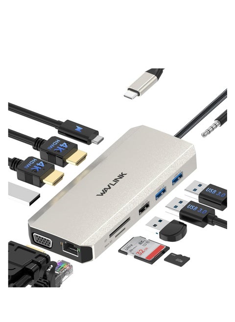 WAVLINK USB C Hub, 12 in 1 USB C Docking Station Dual Triple Monitor with 2 HDMI, VGA, 100W PD, Ethernet, 5 USB, SD/TF Card Reader, Audio for Mac/Dell/Acer/HP/ASUS/Steam Deck/Rog Ally/Lenovo Laptop