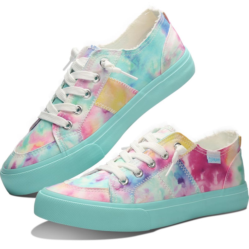 Obtaom Women Rainbow Canvas Fashion Sneakers Comfortable Orange Multi Walking Shoes Tie Dye Green Canvas Slip ons(Green US5) - Image 1