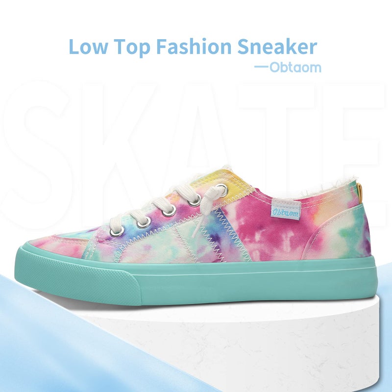 Obtaom Women Rainbow Canvas Fashion Sneakers Comfortable Orange Multi Walking Shoes Tie Dye Green Canvas Slip ons(Green US5) - Image 3