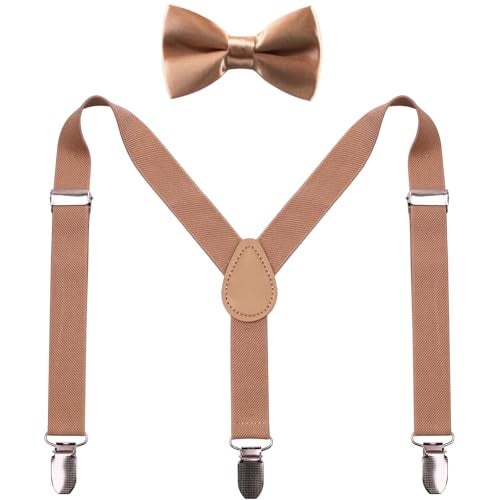 GUCHOL Khaki Kids Suspenders Bow Tie for Boys and Girls Adjustable Elastic Classic Accessory Sets Age 1 to 13 Year (Khaki, 33 INCH (6-13 Year) - Image 1
