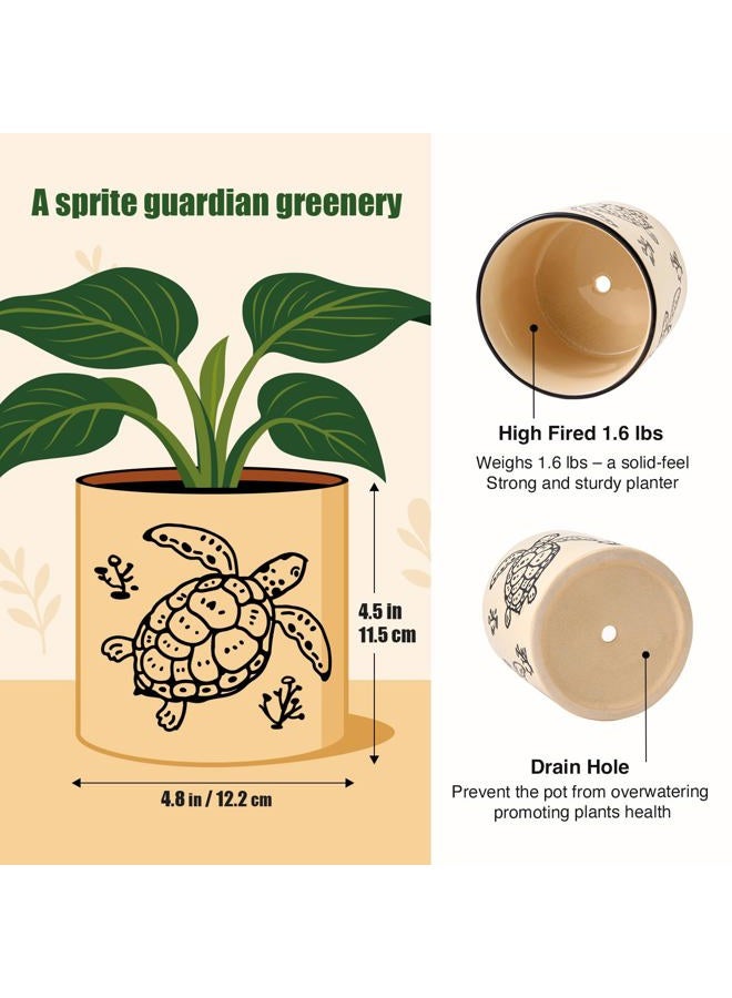 STHIE 5 Inch Ceramic Planters for Indoor Plants, Funny Small Plant Pots with Drainage, Unique Animal Decoration Flower Pot Butterfly Round Flowerpots (Sea Turtle) - Image 3