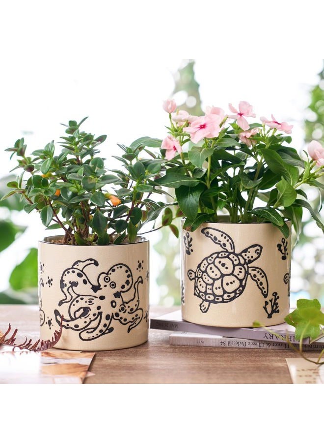 STHIE 5 Inch Ceramic Planters for Indoor Plants, Funny Small Plant Pots with Drainage, Unique Animal Decoration Flower Pot Butterfly Round Flowerpots (Sea Turtle) - Image 5
