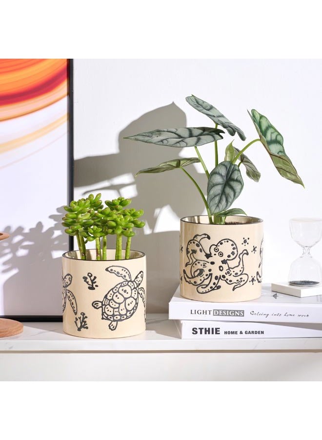 STHIE 5 Inch Ceramic Planters for Indoor Plants, Funny Small Plant Pots with Drainage, Unique Animal Decoration Flower Pot Butterfly Round Flowerpots (Sea Turtle) - Image 4
