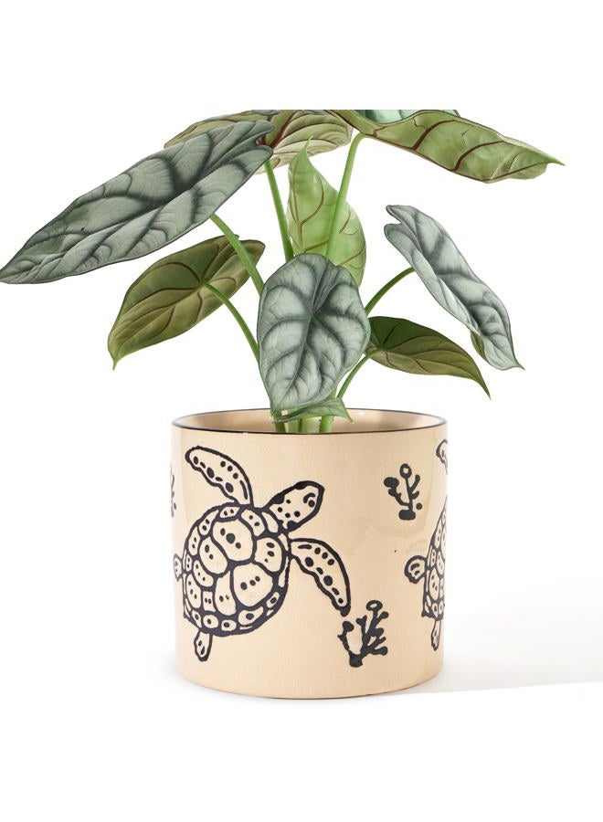 STHIE 5 Inch Ceramic Planters for Indoor Plants, Funny Small Plant Pots with Drainage, Unique Animal Decoration Flower Pot Butterfly Round Flowerpots (Sea Turtle) - Image 1