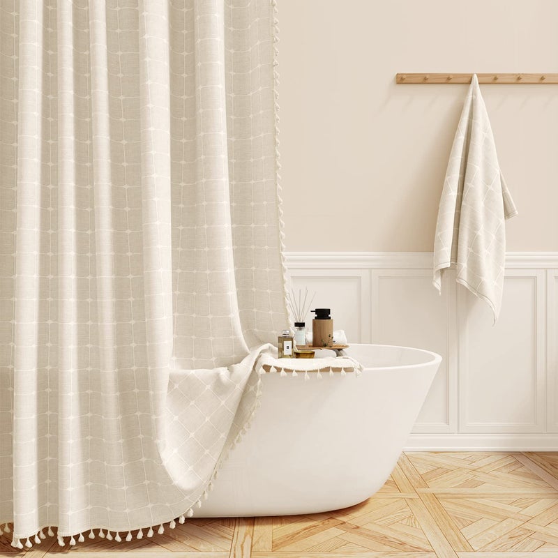 BTTN BTTN 78 Inch Long Shower Curtain - Boho Farmhouse Linen Ultra Thick Fabric Shower Curtain Set with Plastic Hooks  Tall Rustic Modern Country Neutral Shower Curtains for Bathroom - Cream/Beige - 72x78