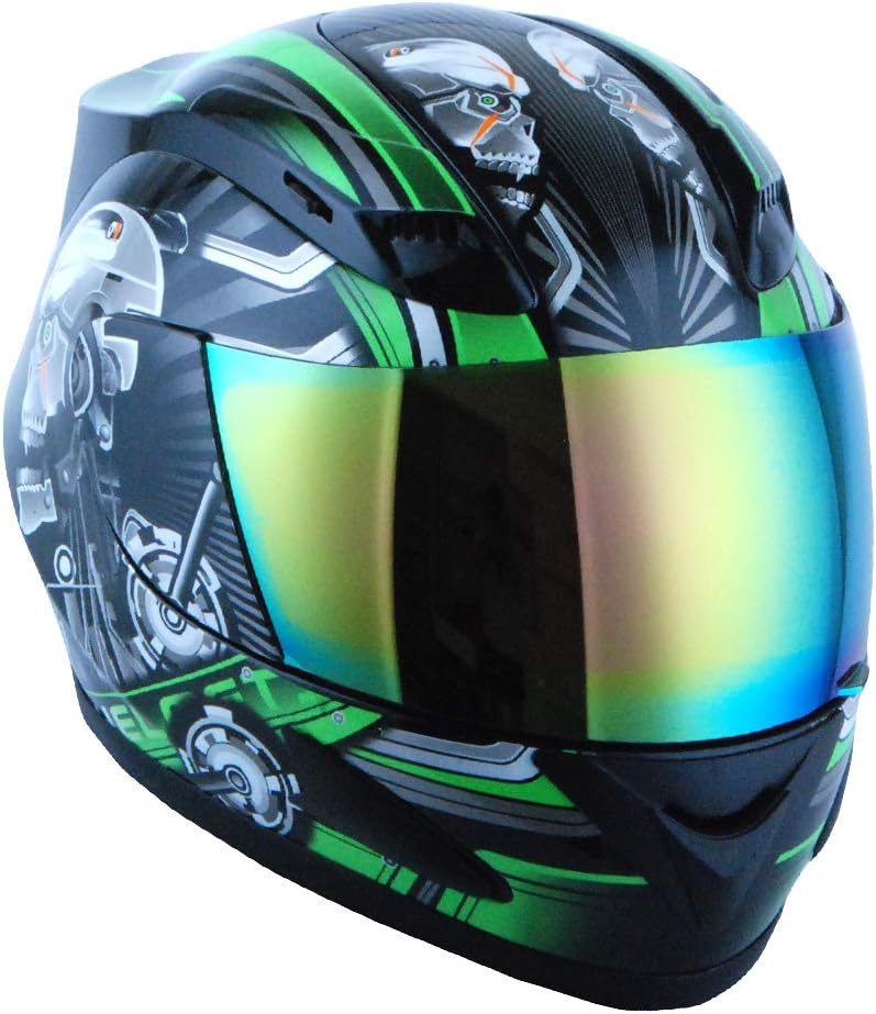 1Storm Motorcycle Bike Full Face Helmet Mechanic Skull - Skull Green - Image 3