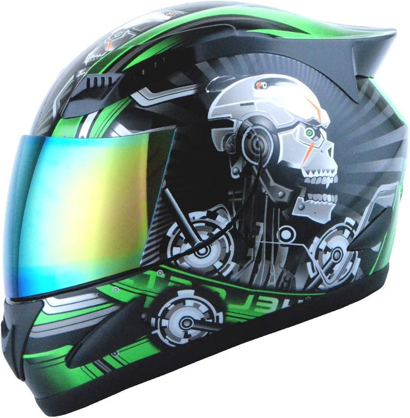 1Storm Motorcycle Bike Full Face Helmet Mechanic Skull - Skull Green - Image 1