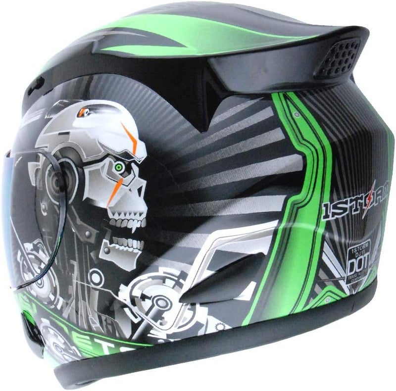 1Storm Motorcycle Bike Full Face Helmet Mechanic Skull - Skull Green - Image 5