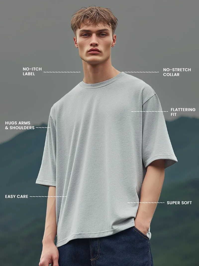 NOBERO  Men's Grey Oversized Cotton T-Shirt for Men | Best Price UAE