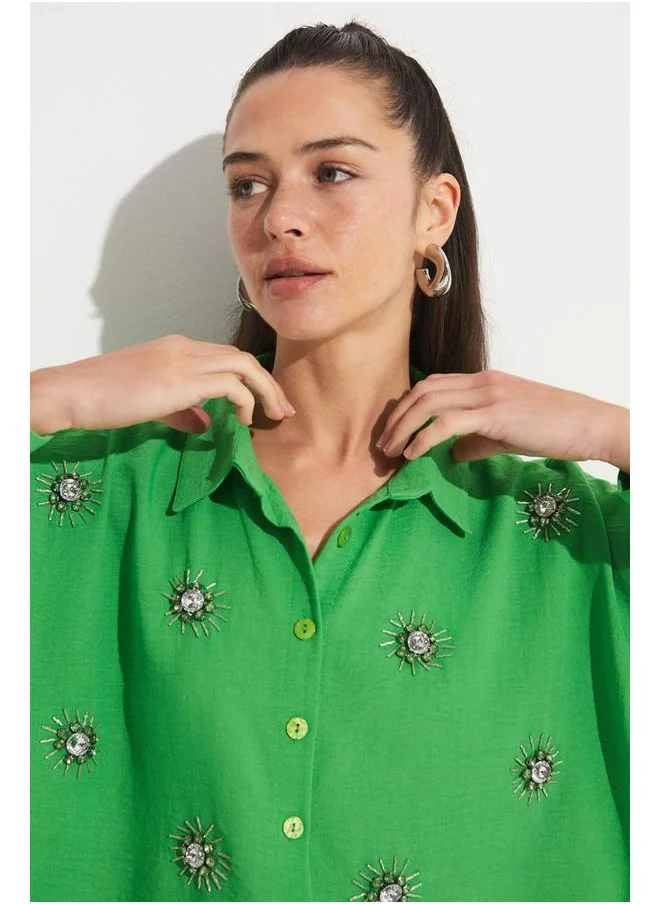 JUNE June Embroidered Detailed Loose Fit Shirt Mint