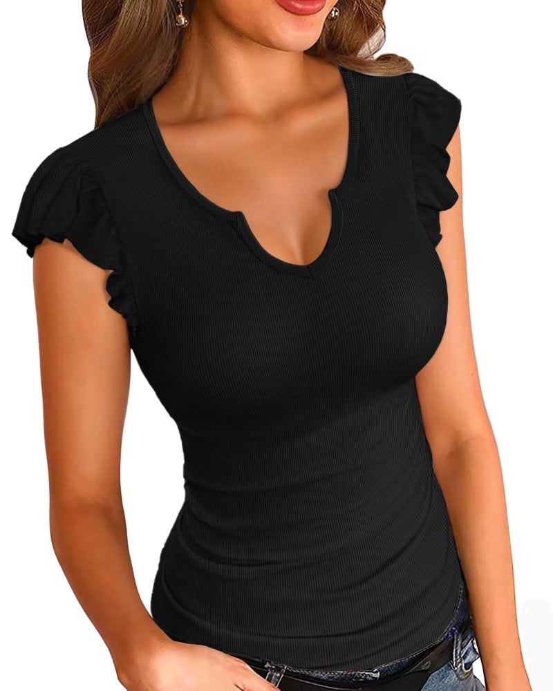 VICHYIE Summer Womens Short Sleeves Shirts Ruffle Sleeve V Neck Sexy Ribbed Casual Tshirt Slim Fitted Trendy Tops Blouses Black M - Image 1