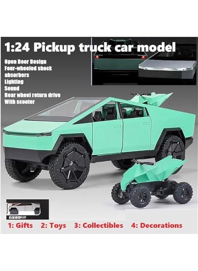 سيارة نموذجية 1:24 من شاحنة بيك آب ذات الدفع الرباعي، مع دراجة نارية صغيرة، وظيفة صوت وضوء، مناسبة للكبار والأطفال كهدايا للألعاب، والمقتنيات، والديكورات. (1:24 بيك أب أخضر) - Image 4