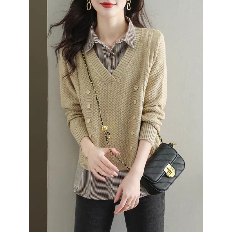 Korean Style Fake Two-piece Striped Patchwork Knitted Sweater Womens Top 2023 Spring and Autumn New Shirt Collar Loose Base Shirt Apricot