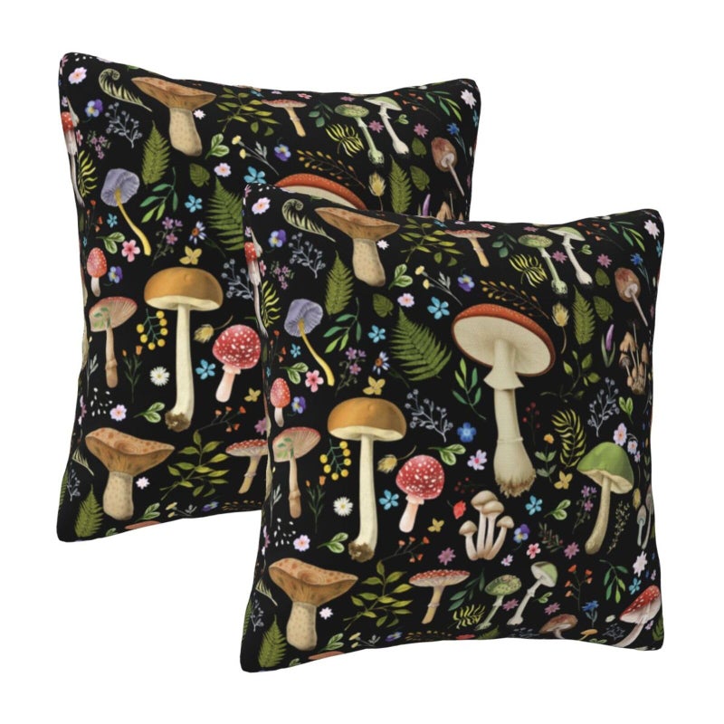 Poream Mushroom Flower Black Throw Pillow Covers 20x20 in Farmhouse Pillow Case Soft Outdoor Cushion Covers Set of 2 for Sofa Bed Bedroom Car Chair Living Room Home Decorative - Image 2
