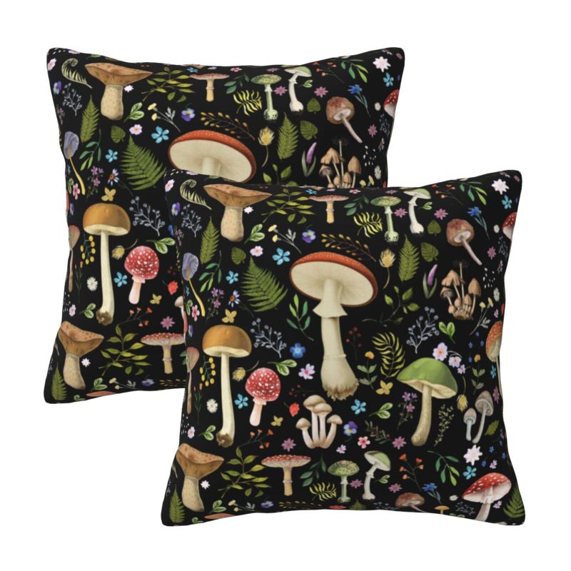 Poream Mushroom Flower Black Throw Pillow Covers 20x20 in Farmhouse Pillow Case Soft Outdoor Cushion Covers Set of 2 for Sofa Bed Bedroom Car Chair Living Room Home Decorative - Image 1