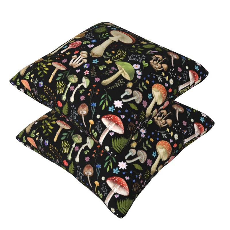 Poream Mushroom Flower Black Throw Pillow Covers 20x20 in Farmhouse Pillow Case Soft Outdoor Cushion Covers Set of 2 for Sofa Bed Bedroom Car Chair Living Room Home Decorative - Image 5