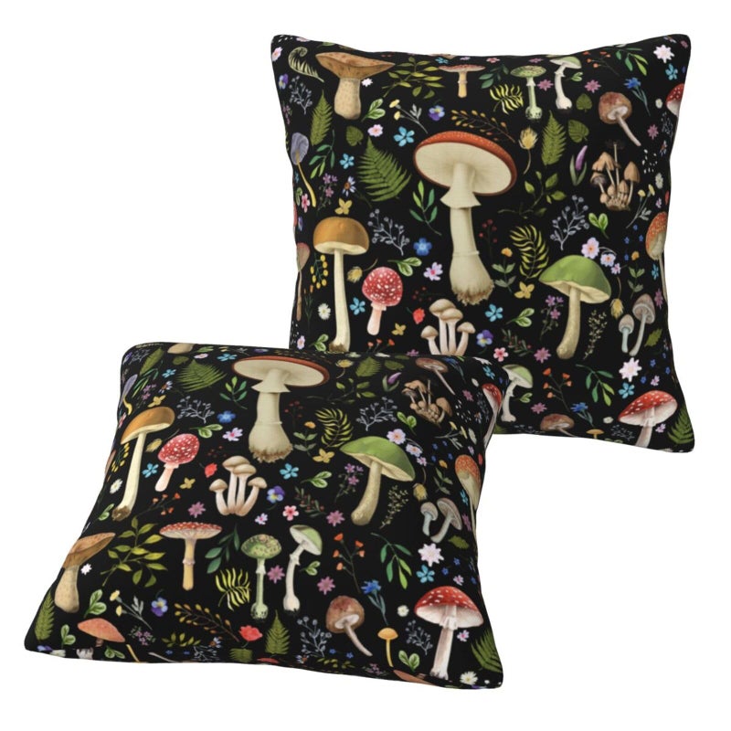 Poream Mushroom Flower Black Throw Pillow Covers 20x20 in Farmhouse Pillow Case Soft Outdoor Cushion Covers Set of 2 for Sofa Bed Bedroom Car Chair Living Room Home Decorative - Image 3