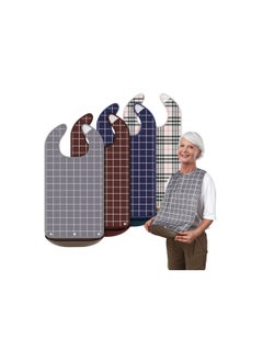 4 Pcs Adult Bib for Eating Washable Waterproof Clothing Protector with Crumb Catcher Reusable Large Bibs for Men Elderly Women Senior, Assorted Plaid Patterns