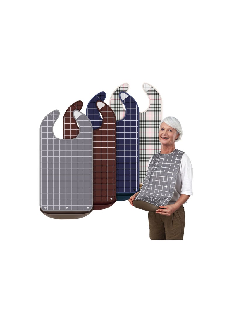 SYOSI - 4 Pcs Adult Bib for Eating Washable Waterproof Clothing Protector with Crumb Catcher Reusable Large Bibs for Men Elderly Women Senior, Assorted Plaid Patterns - Image 1