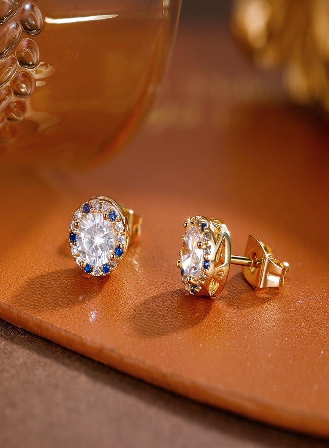 ايه إي لايف أقراط مرصعة بالزركونيا المكعبة الشفافة ذات القطع الدائري للنساء والرجال، مطلية بالذهب الأصفر عيار 14 قيراطًا، مضادة للحساسية، بتصميم هالة مرصعة بالزركونيا المكعبة الزرقاء - Image 2