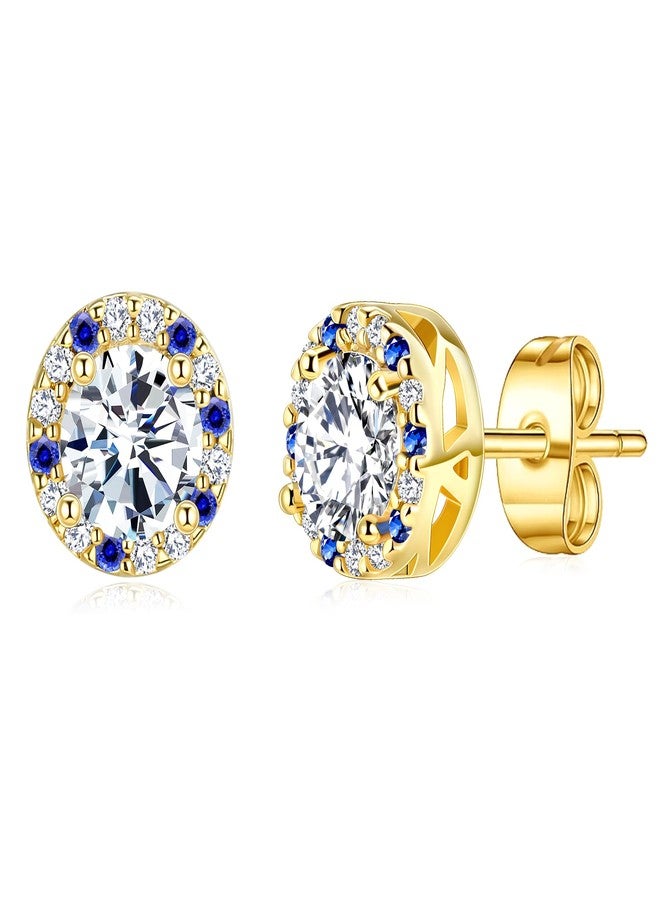 ايه إي لايف أقراط مرصعة بالزركونيا المكعبة الشفافة ذات القطع الدائري للنساء والرجال، مطلية بالذهب الأصفر عيار 14 قيراطًا، مضادة للحساسية، بتصميم هالة مرصعة بالزركونيا المكعبة الزرقاء - Image 1