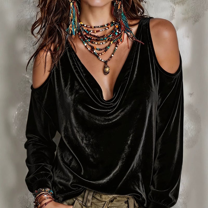 Women's Solid Color Long Sleeve Cowl Neck T-Shirt - Image 3