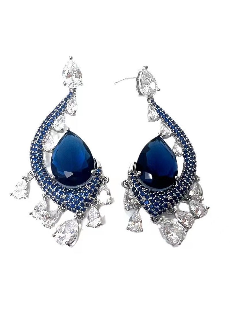 Hanaa 925 Sterling Silver Blue Zicronia Peacock Dangle Earrings with Multiple Rhinestones Gift Box Included for Everyday Wear or Brides  - Image 1