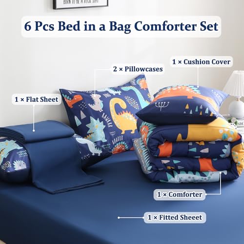 Tasselily 6 Pcs Bed in A Bag Full Comforter Set for Boys Girls, Dinosaur Comforter, Dinosaur Bedding Sets with Sheets for Kids - Image 2