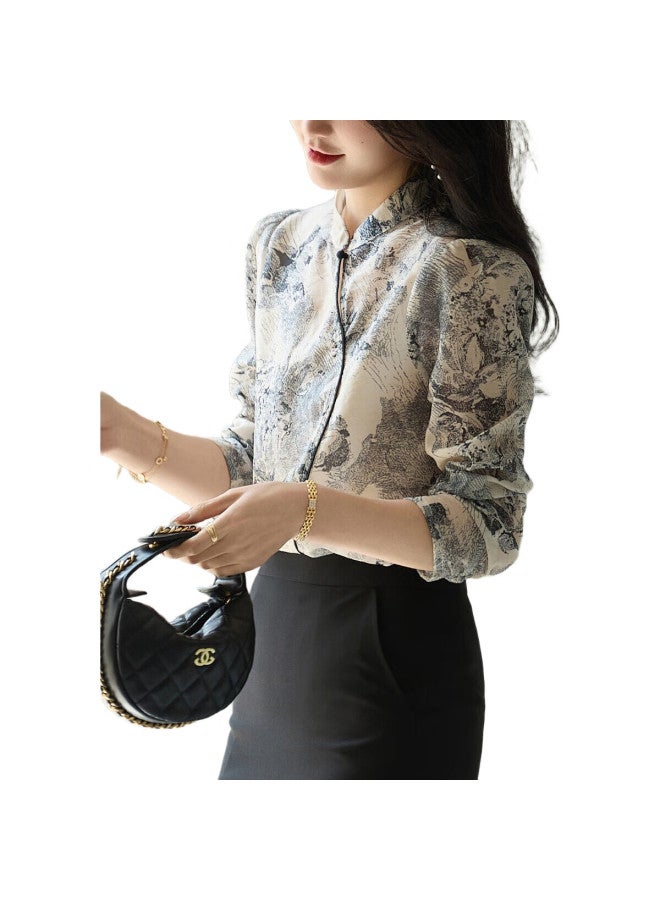 dme [Jiangnan Ink-Style Chinese-Style Shirt] Spring And Autumn Semi-Turtleneck National Trend Commuter Delicate 3D Printed Floral Blouse Women'S Top - Image 3