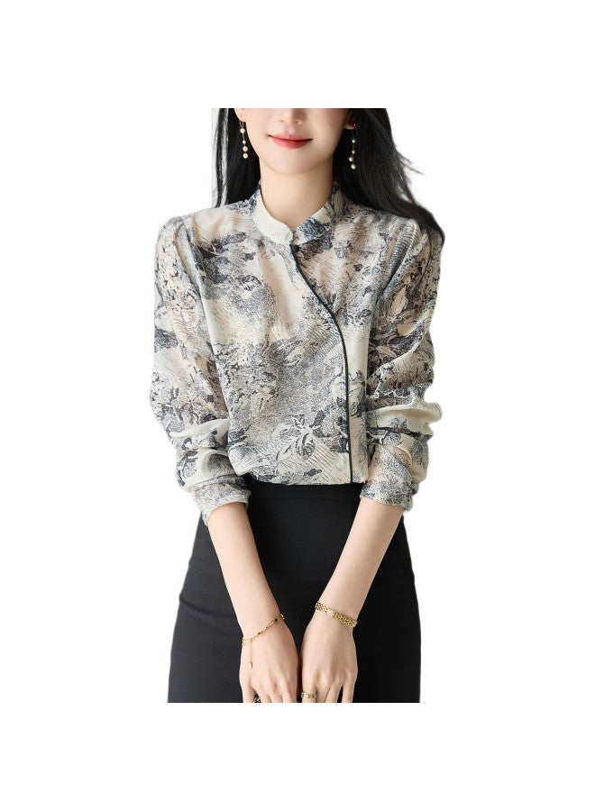 dme [Jiangnan Ink-Style Chinese-Style Shirt] Spring And Autumn Semi-Turtleneck National Trend Commuter Delicate 3D Printed Floral Blouse Women'S Top - Image 2