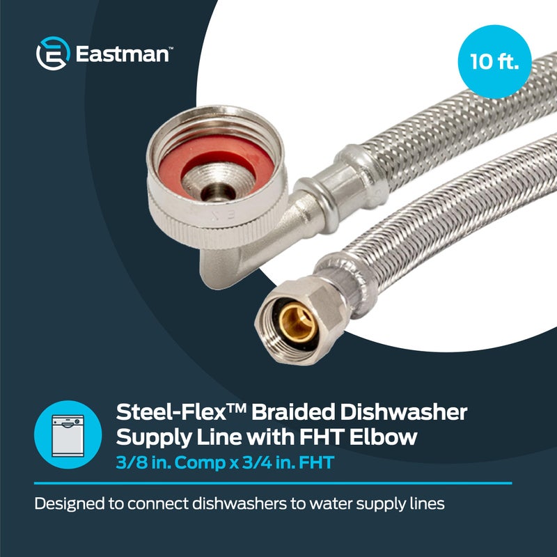 Eastman Eastman 10 foot Dishwasher Supply Line, 3/8 Inch Compression x 3/4 Inch FHT Elbow, Braided Stainless Steel Dishwasher Connectors, 41015  - Image 2