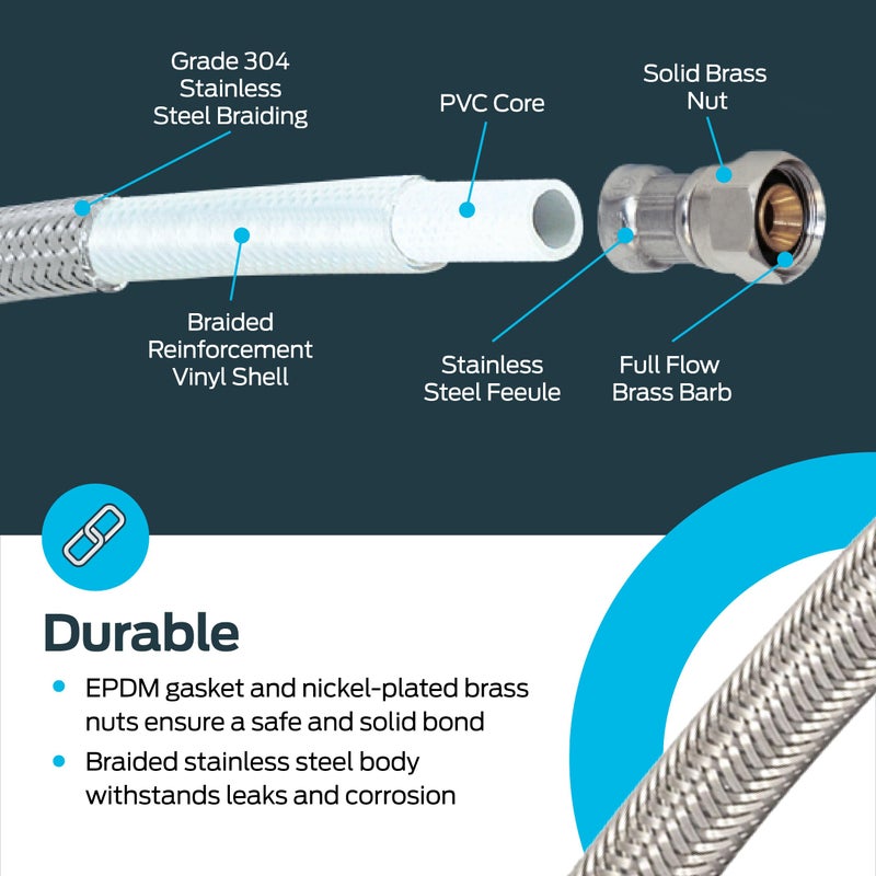 Eastman Eastman 10 foot Dishwasher Supply Line, 3/8 Inch Compression x 3/4 Inch FHT Elbow, Braided Stainless Steel Dishwasher Connectors, 41015  - Image 5