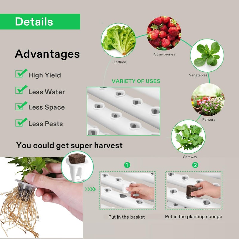 VIVOSUN Wall-Mounted Hydroponic Grow Kit, 1 Layers 36 Plant Sites 4 Food-Grade PVC-U Pipes Hydroponics Planting System with Water Pump, Pump Timer, Nest Basket and Sponge for Leafy Vegetables - Image 3