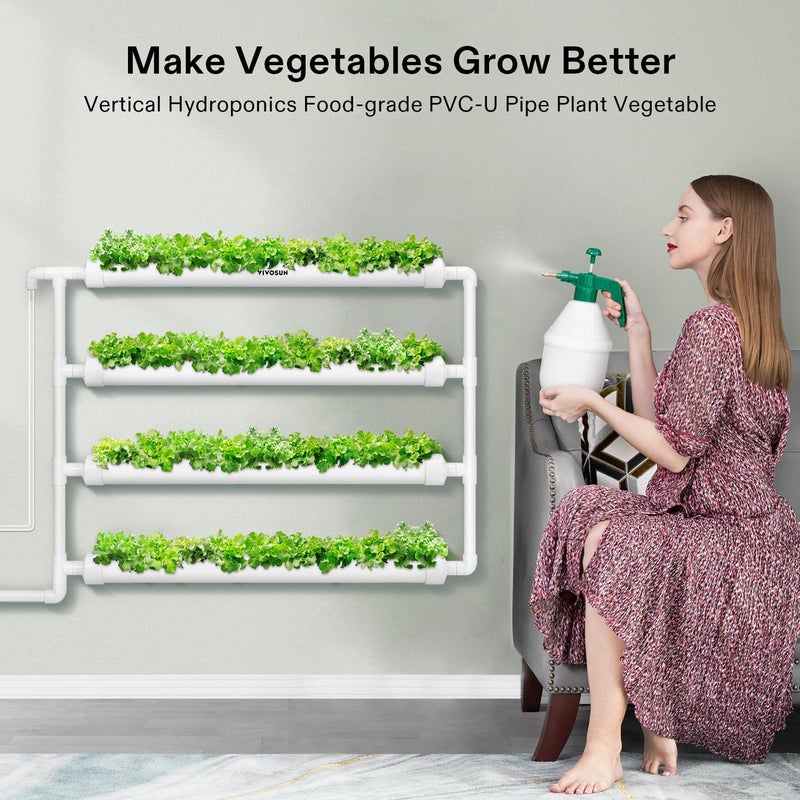 VIVOSUN Wall-Mounted Hydroponic Grow Kit, 1 Layers 36 Plant Sites 4 Food-Grade PVC-U Pipes Hydroponics Planting System with Water Pump, Pump Timer, Nest Basket and Sponge for Leafy Vegetables - Image 2