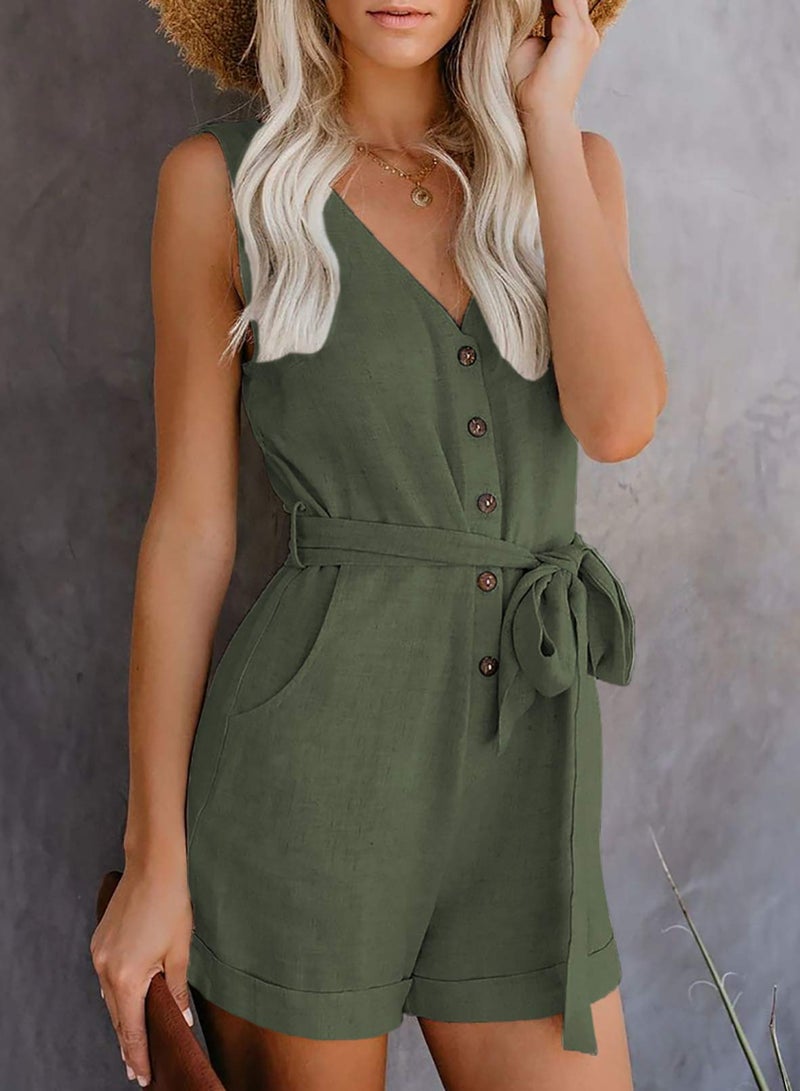 Acelitt Women's Ladies Casual Fashion 2025 V Neck Sleeveless Button Down Belted Summer Short Jumpsuit Romper for Women with Pockets Green Small - Image 4