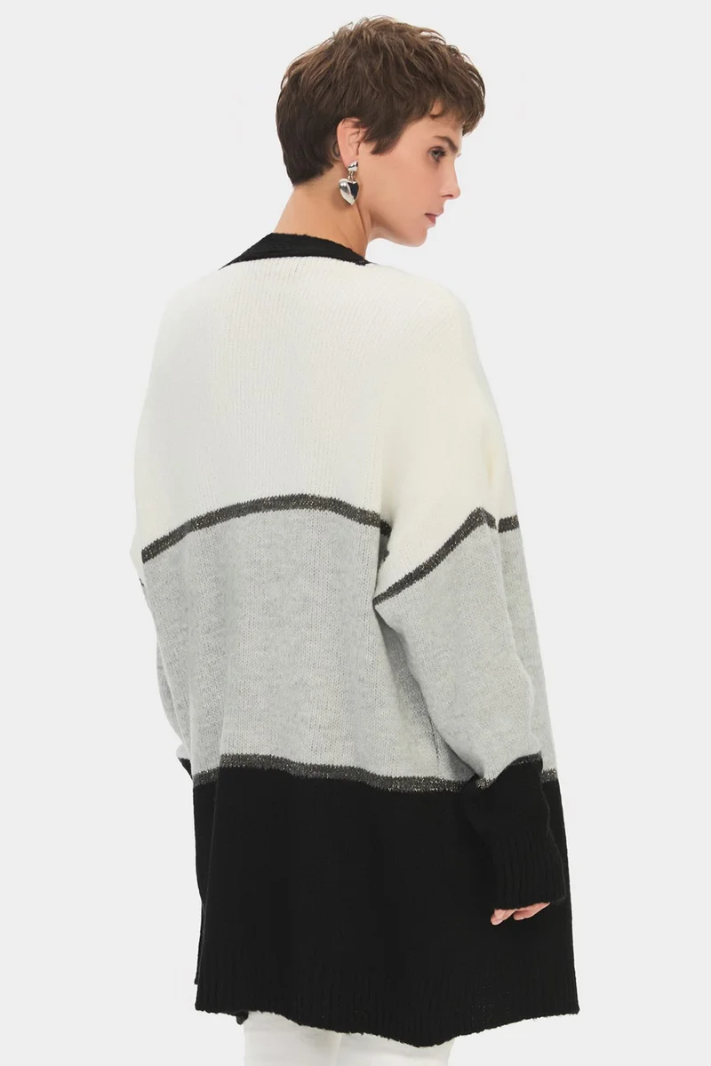 JUNE Women's Plain Cut Color Block Mid Length Knitwear Cardigan