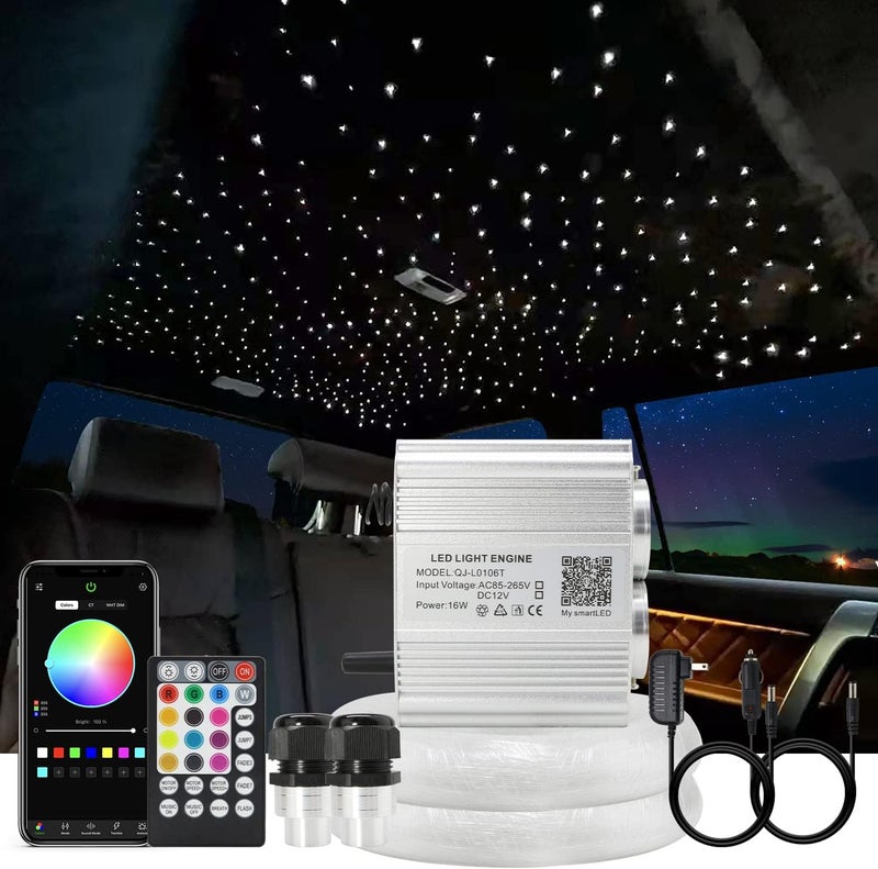 AKEPO Car Home Use APP Control Twinkle Fiber Optic Light Kit, 16W RGBW Dual Head Twinkle + Music Mode Star Ceiling Sky Light with 600 Strands 0.03in/0.75mm 9.8ft/3m Optical Fiber Cable - Image 1