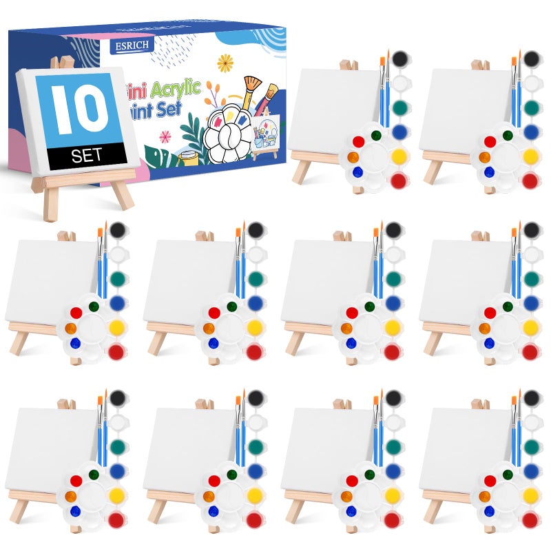 ESRICH 10 Set Mini Canvas Painting Kit Minis Acrylic Paint Set St Patricks Party Gifts4 4inCanvas with Easel Acrylic PaintsBrushesPaletteMini Easel Canvas for Kids Adults Painting Party - Image 2