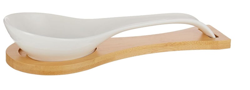 Shallow Bone China Spoon Rest with Bamboo Stand 23x10x5Cm - Image 1