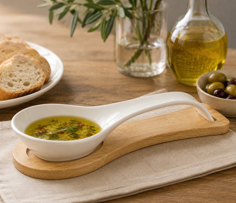 Shallow Bone China Spoon Rest with Bamboo Stand 23x10x5Cm - Image 2