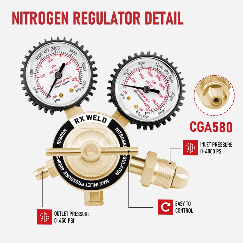 RX WELD منظم النيتروجين RX WELD مع 0-600 PSI، مدخل CGA580، اتصال مخرج ذكر 1/4 بوصة، منظم خزان النيتروجين مع خرطوم تبريد بطول 5 أقدام - Image 2