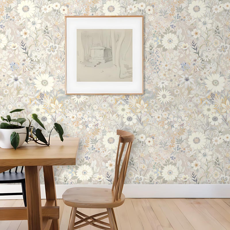 Vintique Wallpaper Peel and Stick Floral Wall Paper Removable Waterproof Gray/Yellow/Blue Contact Paper for Bedroom, Bathroom, Home Wall 17.3" x 118" - Image 3