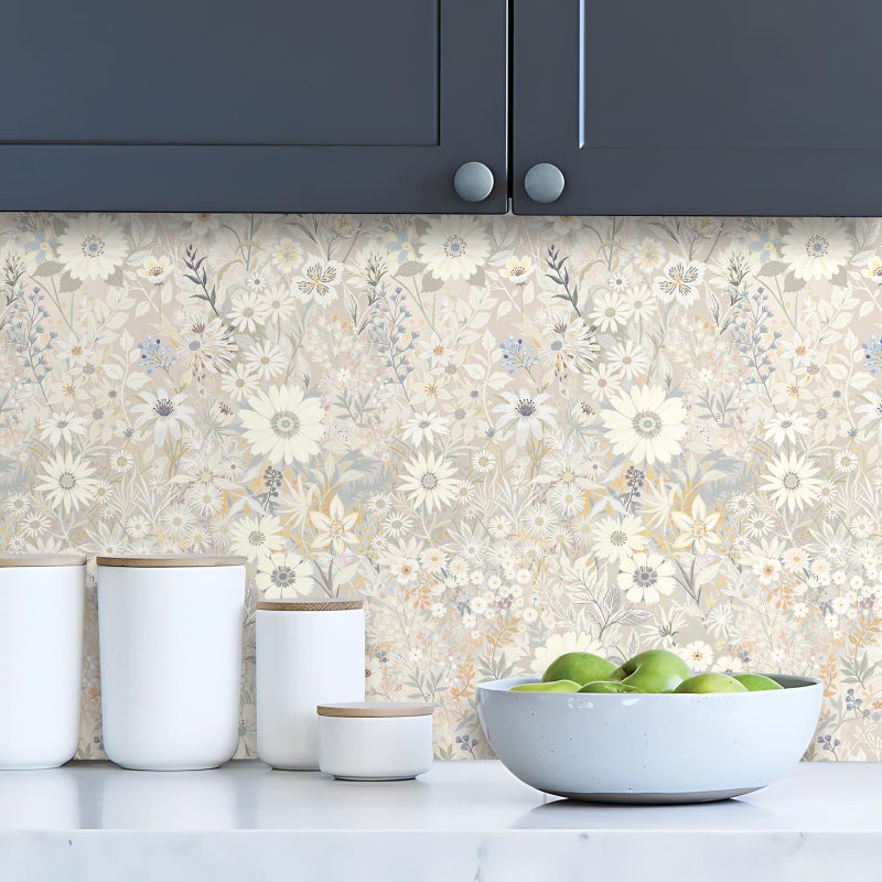 Vintique Wallpaper Peel and Stick Floral Wall Paper Removable Waterproof Gray/Yellow/Blue Contact Paper for Bedroom, Bathroom, Home Wall 17.3" x 118" - Image 4