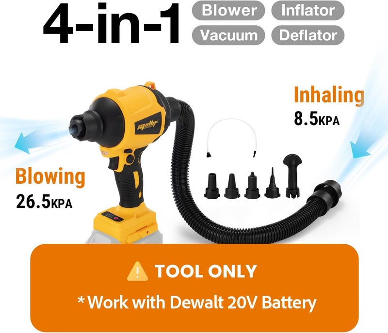 Mellif Cordless Compressed Air Duster Compatible with DeWalt 20V MAX Battery (Tool Only), 4-in-1 Portable Blower Inflator Vacuum Deflator, 360MPH, 51,000 RPM Brushless Motor, 3-Speed for PC Cleaning, Air Bed - Image 3