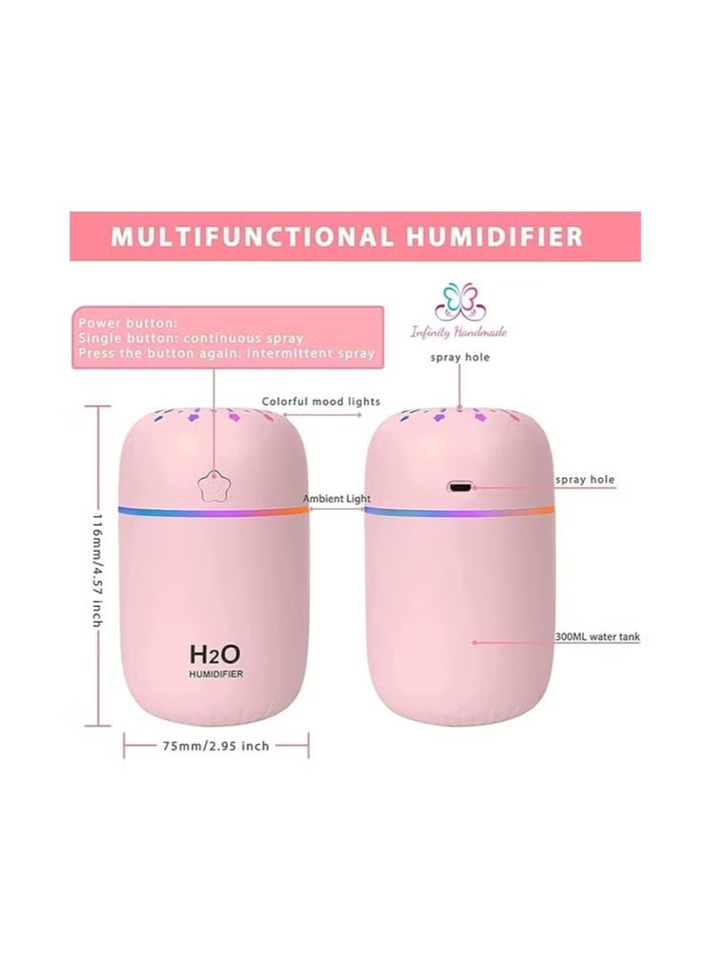 مرطب هواء صغير بمنفذ USB، موزع رذاذ بارد محمول 300 مل مع اضواء LED بالوان قوس قزح، ايقاف تلقائي، تشغيل هادئ للغاية لغرفة السيارة والمكتب (بينك) - Image 2