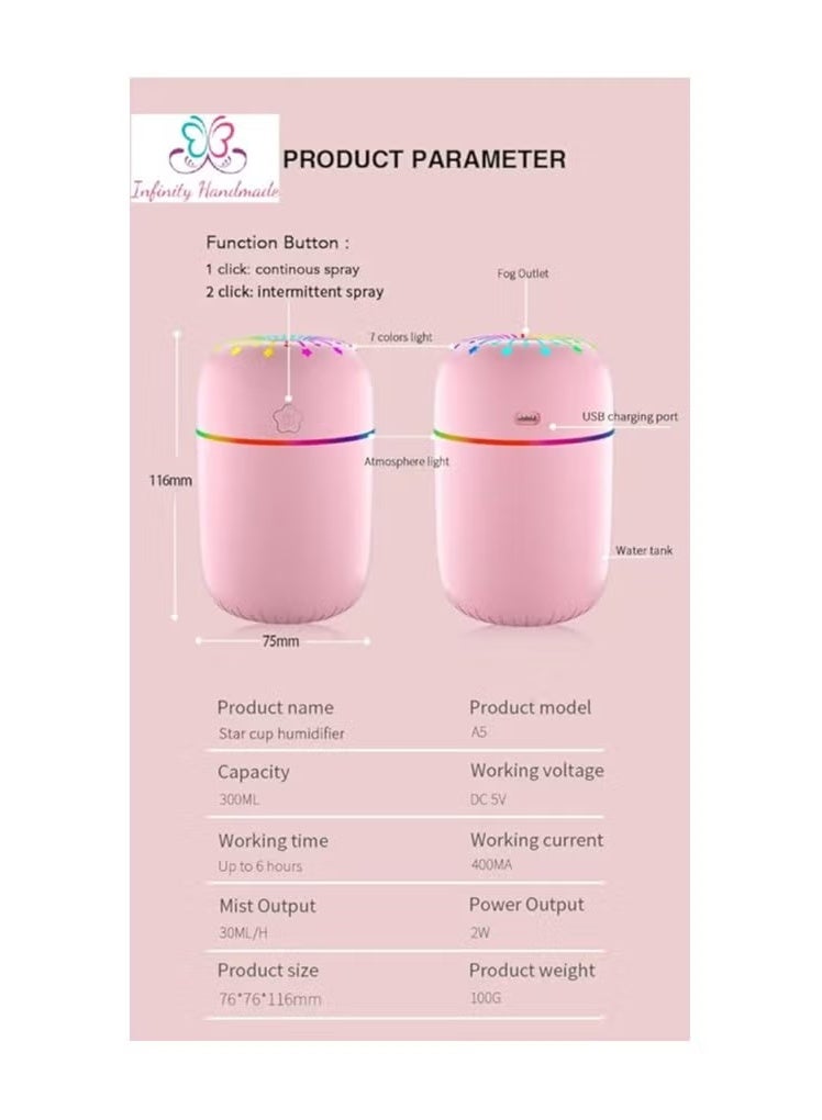 مرطب هواء صغير بمنفذ USB، موزع رذاذ بارد محمول 300 مل مع اضواء LED بالوان قوس قزح، ايقاف تلقائي، تشغيل هادئ للغاية لغرفة السيارة والمكتب (بينك) - Image 4