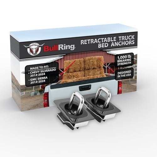 Bull Ring Flush Fit Black Nickel Gunmetal Retractable Truck Bed Tie Down Anchors for Chevy Silverado 2014-2024, GMC Sierra 2014-2024, Rail Cap Trim Required (Set of 2) - Image 1